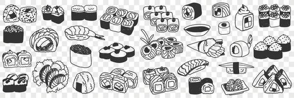 Sushi and rolls doodle set. Collection of hand drawn various japanese sushi seafood rolls for tasty dinner traditional asian culture in rows isolated on transparent background vector