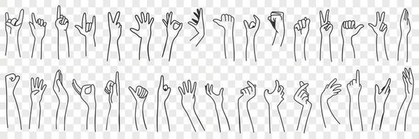 Hand gesture language doodle set. Collection of hand drawn human hands expressing various signs symbols with fingers and palms isolated on transparent background vector