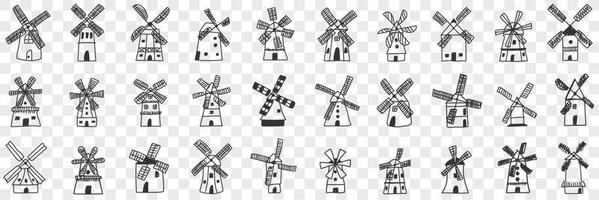 Windmills during work doodle set. Collection of hand drawn various windmill working on energy and power in rows isolated on transparent background vector