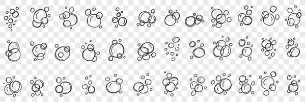 Soap bubbles shapes doodle set. Collection of hand drawn various shapes of soap frothy bubbles on water in rows isolated on transparent background vector