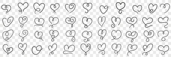 Elegant vintage hearts doodle set. Collection of hand drawn various love symbols hearts with curls lines of different styles and shapes isolated on transparent background vector