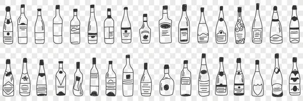 Bottles for alcohol doodle set. Collection of hand drawn various shapes and forms of glass bottle for keeping wine and liquids isolated on transparent background vector