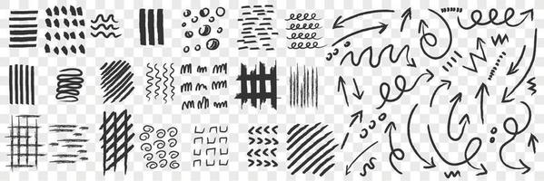 Lines and scrabbles doodle set. Collection of hand drawn various straight and curve lines in rows isolated on transparent background vector