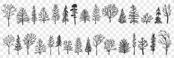 Silhouettes of trees pattern doodle set. Collection of hand drawn various black trees silhouettes in forests or parks natural pattern isolated on transparent background vector