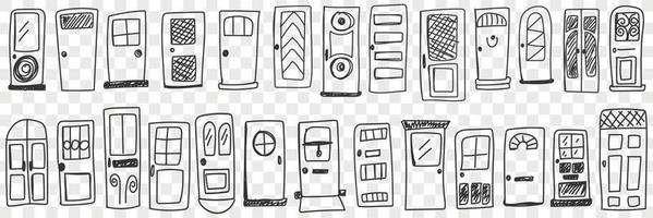 Doors of various styles doodle set. Collection of hand drawn various doors for interiors or building facades different styles and patterns isolated on transparent background vector