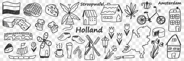Dutch traditional symbols doodle set. Collection of hand drawn various signs go Holland cheese windmill coffee bike tulip boat beer lamp buildings isolated on transparent background vector