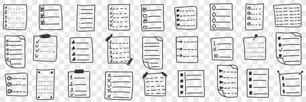 Fulfilled controlling checklists doodle set. Collection of hand drawn checklists with done or undone tasks and aims planning organiser isolated on transparent background vector