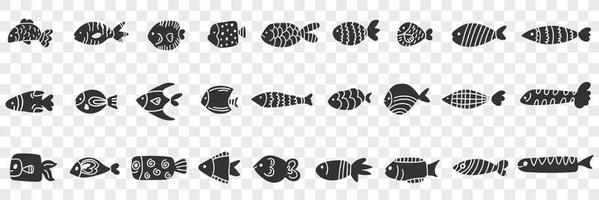 Fishes of various patterns doodle set. Collection of hand drawn various fishes of different patterns and shapes swimming in sea isolated on transparent background vector