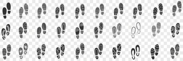 Footprints of boots doodle set. Collection of hand drawn various shapes and patterns of footprints of boots Trail from the sole boot isolated on transparent background vector