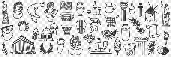 Symbols of ancient culture doodle set. Collection of hand drawn greek sculptures buildings arch gods ships musical instruments masks for theatre from historical times on transparent background vector