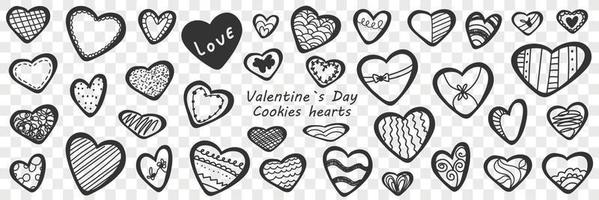 Valentines day hearts doodle set. Collection of hand drawn various cookies biscuits in shape of hearts for Valentines day holiday isolated on transparent background vector