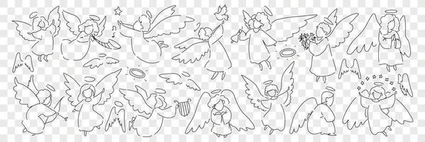 Angel creatures with wings and halo doodle set. Collection of hand drawn looks little angels of saint characters playing musical instruments taking care of birds isolated on transparent background vector