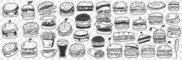Burgers fast food doodle set. Collection of hand drawn tasty junk food hamburgers cheeseburgers rolls sandwich lemonade in glass isolated on transparent background vector