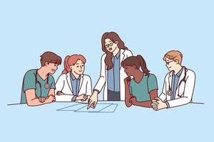 Clinic staff meeting, with doctors sitting at table and head physician giving instructions to medical workers. Men and women working in clinic choosing tactics for treatment of patient vector