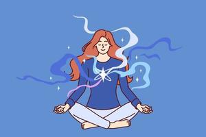 Concentrated woman meditating with closed eyes sitting cross-legged on floor and doing yoga lotus pose. Girl does yoga enjoying spiritual practices that open chakras and attract harmony vector