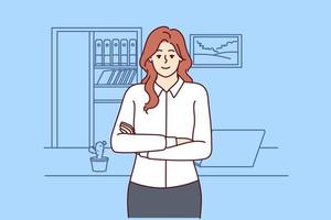Successful woman office worker stands with arms crossed near desktop and looks at screen. Businesswoman works as accountant or provides auditing services for entrepreneurs and successful business vector