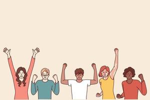 Delighted diverse people making victory gestures with hands enjoying joint success. Team of emotional people in casual clothes celebrating common victory or completion of difficult project vector