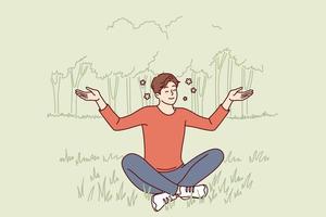 joven chico se sienta en loto posición en césped haciendo yoga y meditando a restaurar fuerza o mejorar humor. hombre practicas yoga disfrutando armonía y siguiendo recomendaciones budista espiritual enseñanzas vector