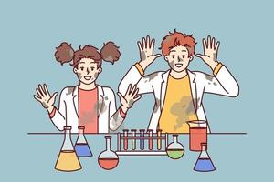 gracioso niños en laboratorio aumento manos después inesperado reacción cuando mezcla químico reactivos ese causado explosión. niños haciendo Ciencias experimentando en colegio laboratorio y haciendo investigación vector