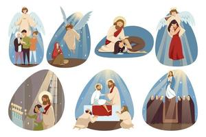 Religion, bible, christianity set concept. Collection angle Jesus Chrsit son of god Mary virgin religious biblical character helping people and making miracle. Divine blessing and catholic holidays. vector
