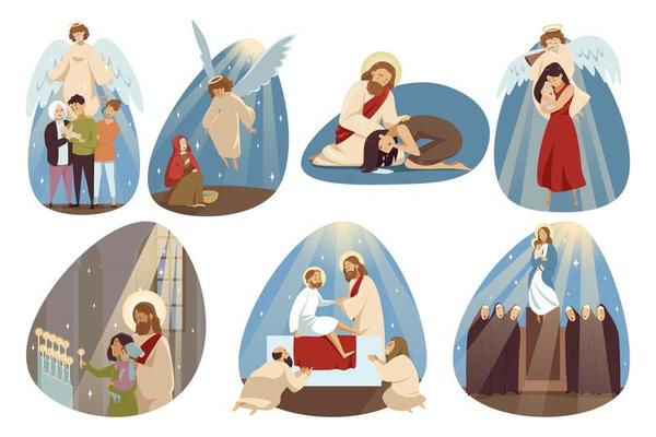 Religion, bible, christianity set concept. Collection angle Jesus Chrsit son of god Mary virgin religious biblical character helping people and making miracle. Divine blessing and catholic holidays.