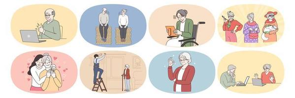 Old grey-haired grandparents enjoy happy good maturity in retirement house. Life of senior people. Saving for pension and communicating with relatives online. Elderly concept. Vector illustration.
