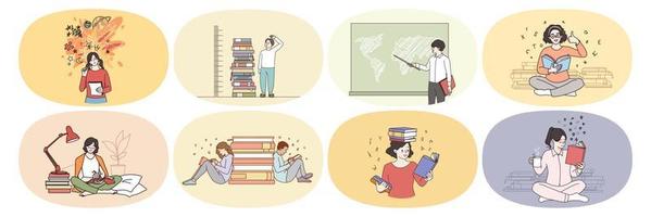 Set of diverse young people read books study prepare for exam or test. Bundle of students or pupils learn with textbooks. Education and training concept. Flat vector illustration.