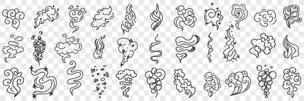 Wind and flames shapes doodle set. Collection of hand drawn various styles and shapes of star wind natural phenomena in rows isolated on transparent background vector