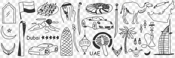 Arábica emiratos símbolos garabatear colocar. colección de mano dibujado varios unido Arábica emiratos turismo señales tradicional cultura y excursiones en filas aislado en transparente antecedentes vector