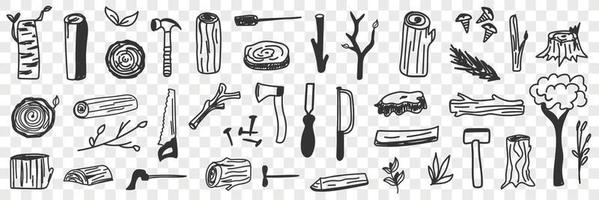 Various lumberjack tools doodle set. Collection of hand drawn working tools for lumberjack worker for cutting wood forest equipment isolated on transparent background vector