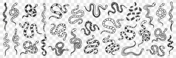 Various snakes of different patterns doodle set. Collection of hand drawn wild snakes cobra python wriggling on ground ready to bite isolated on transparent background vector