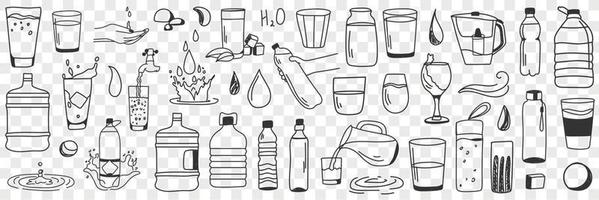 Water forms and shapes doodle set. Collection of hand drawn various states of water in bottles glass jars and taps for cleaning and drinking in rows isolated on transparent background vector
