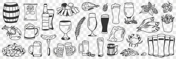Beer and snacks doodle set. Collection of hand drawn various appetizers shrimps chips crab fish sausage nuts for beer drinks in rows isolated on transparent background vector
