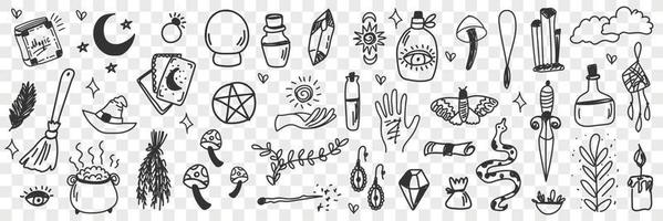 Esoteric witchcraft attributes doodle set. Collection of hand drawn witch tools occult objects hats broom cards moonlight snake isolated on transparent background vector