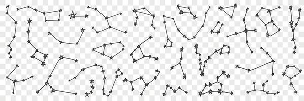 Star constellation on sky doodle set. Collection of hand drawn various sky star constellation of different shapes bright shining isolated on transparent background vector