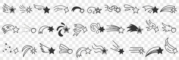 Flying stars and comet doodle set. Collection of hand drawn various stars and comet in motion in sky in different styles in rows isolated on transparent background vector