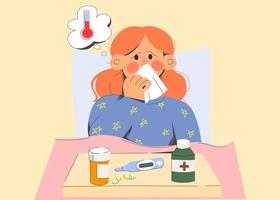 enfermo joven mujer permanecer en cama tos estornudar sufrir desde gripe o fiebre a hogar. insalubre enfermo niña con alto temperatura, tener covid-19 corona virus síntomas. cuidado de la salud, medicamento. vector ilustración.