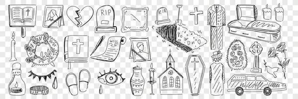 Funeral and cemetery attributes doodle set. Collection of hand drawn coffin candle church cemetery memorials will grief hearse and process of funeral isolated on transparent background vector