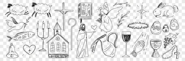 Religious symbols from bible doodle set. Collection of hand drawn jesus animals bible book holy wine in jug angels and christianity easter and festive attributes isolated on transparent background vector