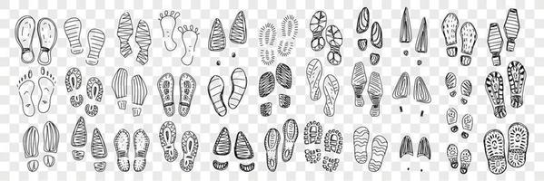 Footprints of boots and foot doodle set. Collection of hand drawn barefoot and boots footprints in rows with various patterns isolated on transparent background vector