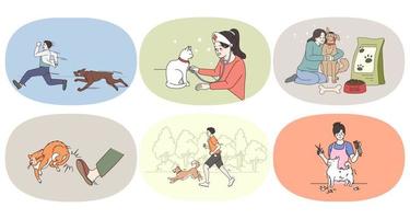 Set of diverse people take care of domestic animals play with cat and dog. Collection of happy pet owners show love to little friends. Vet and grooming service. Flat vector illustration.