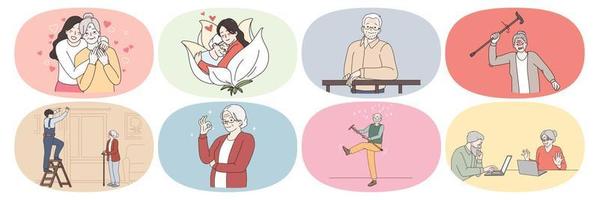 Set of diverse old grandparents with relatives or caregiver enjoy good happy maturity life. Bundle of senior people use computer or enjoy active days. Geriatrics and elderly. Vector illustration.