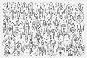 Rockets during flight doodle set. Collection of hand drawn various rockets spaceships during flight with engines and wings isolated on transparent background vector