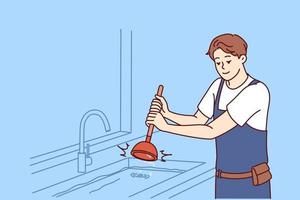 Man plumber uses plunger to clear blockage in sink in kitchen or bathroom. Guy working as plumber is dressed in overalls and is engaged in elimination breakdown associated with debris stuck in pipe vector