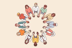 Friendly people stand in circle hold hands for collaboration and teamwork, top view. University students of different gender and race get education together while studying in college vector