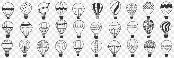 Flying Air balloon doodle set. Collection of hand drawn various patterned air balloons for making trip and having fun in rows isolated on transparent background vector