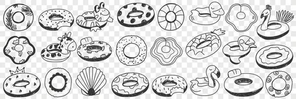 Circles for swimming doodle set. Collection of hand drawn special circles with decorations for relaxations and swimming in sea ocean swimming pool on vacations trips isolated on transparent background vector