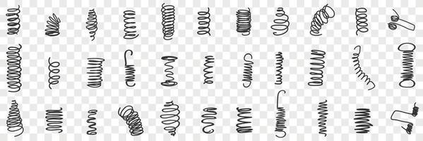 Springs or Curves scribbles lines doodle set. Collection of hand drawn springs scribbles of various patterns waving lines geometrical shapes isolated on transparent background vector