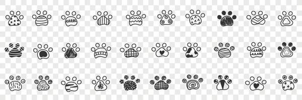 Animals paws footprints doodle set. Collection of hand drawn footprints imprints of animals dogs with various patterns in rows isolated on transparent background vector