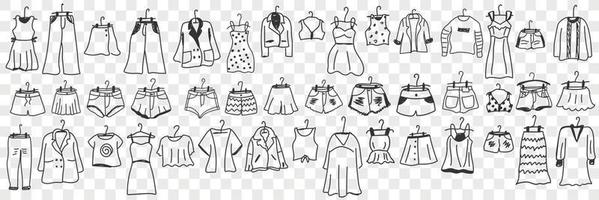 Female and male clothes outfit doodle set. Collection of hand drawn garment dress pants jacket bags shorts new on hangers for wearing or shopping isolated on transparent vector